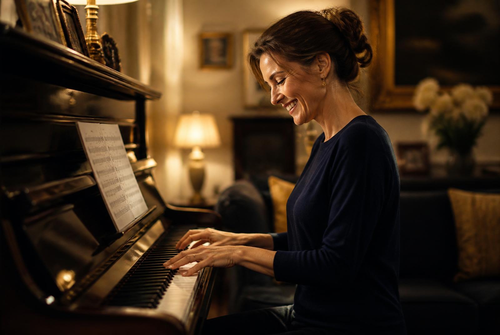 Aluna do Piano Rhapsody tocando em casa